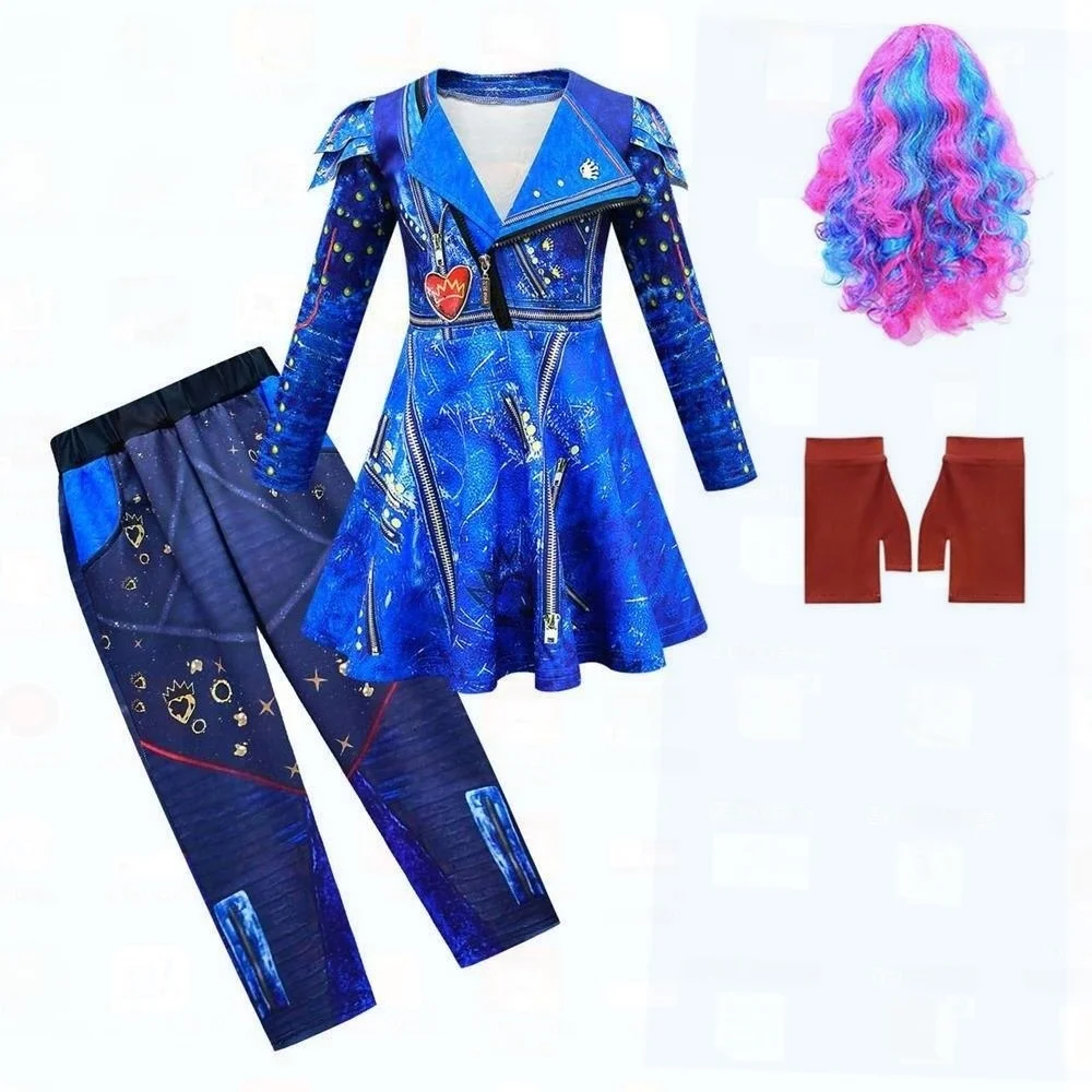 Halloween Descendants Cosplay-Kostüm-Set mit Perücke für Kinder, vierteiliger Anzug, chinesischer Hersteller 2024, Herbstveröffentlichung