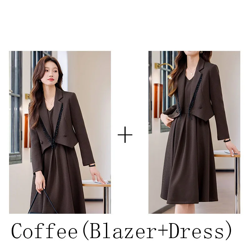 2025 Women Office Dress Set Monochromatic Slim Fit Suit Notched Double Breasted Fashion New 2 Pcs Short Brazer and Dresses