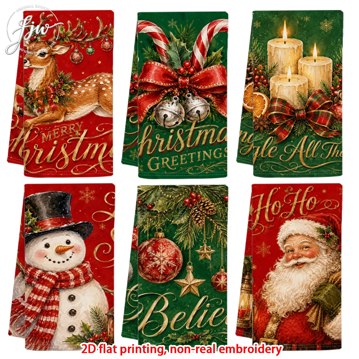 6pcs Vintage Christmas Kitchen Towels Retro Xmas Santa Snowman Reindeer Holiday Dish Towels for Winter Home Decor