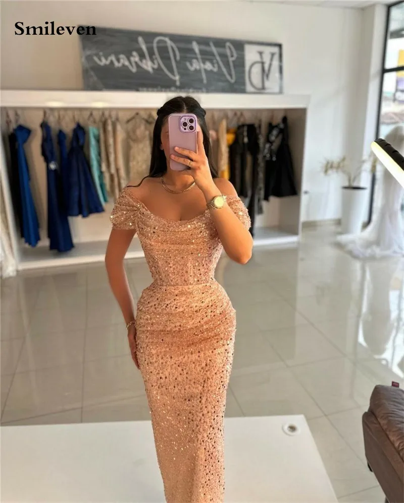 Smileven Rose Gold Sequins Mermaid Evening Dress Off The Shoulder Prom Dresses robe de soirée Sexy Side Split Party Gowns 2024