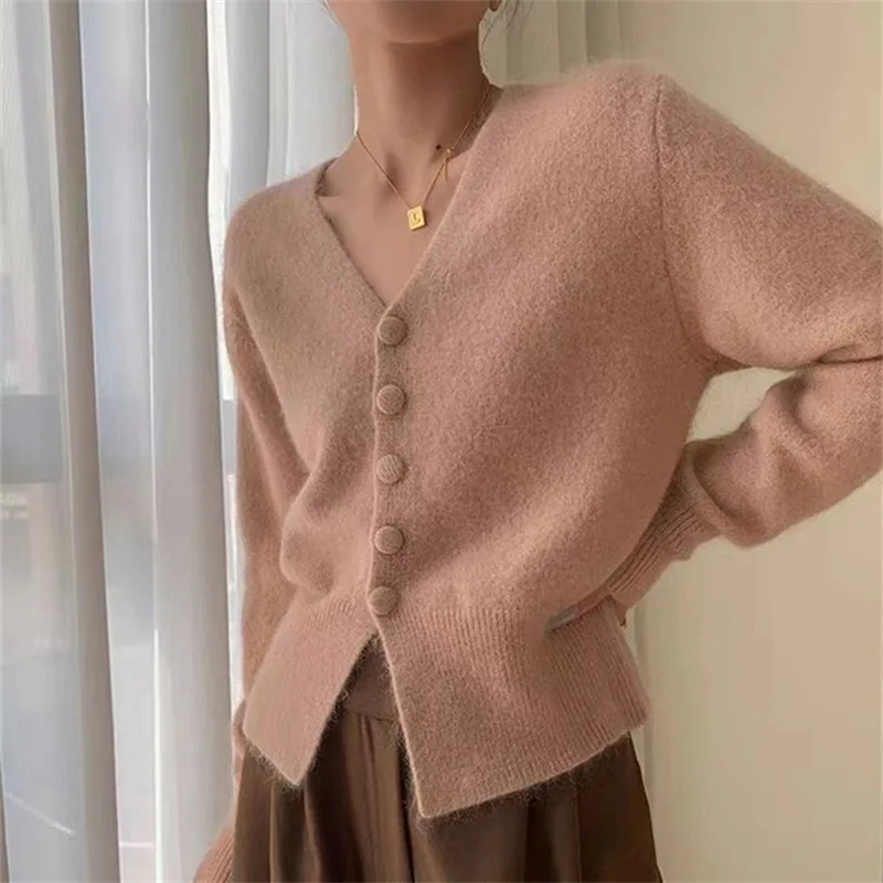 Women's Spring Autumn Knit Sweater Button V-neck Waist Long Sleeve Slim Versatile Casual Design Vintage Niche Thin Fashion Soft