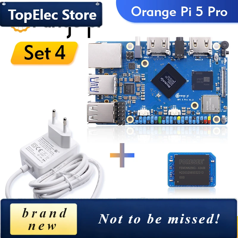 TopElec Orange Pi 5 Pro 8GB Ram + 64 GB EMMC Module + Power Supply RK3588S LPDDR5 Single Board Computer Wifi5.0-BT5 Development