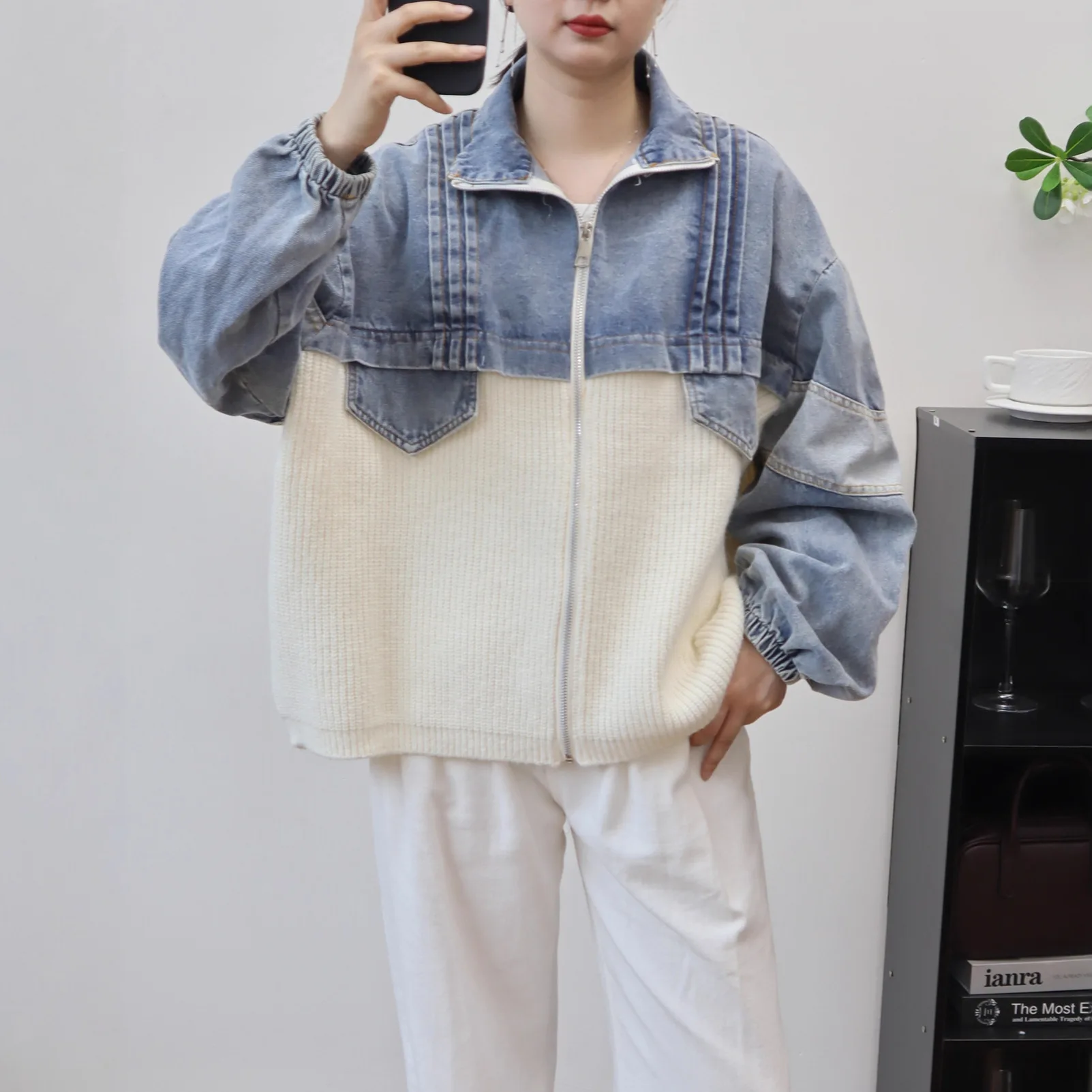 

Осень-зима, новая мода, корейский стиль, женские свободные джинсовые вязаные кардиганы с воротником-стойкой и длинными рукавами, женские пальто, топы