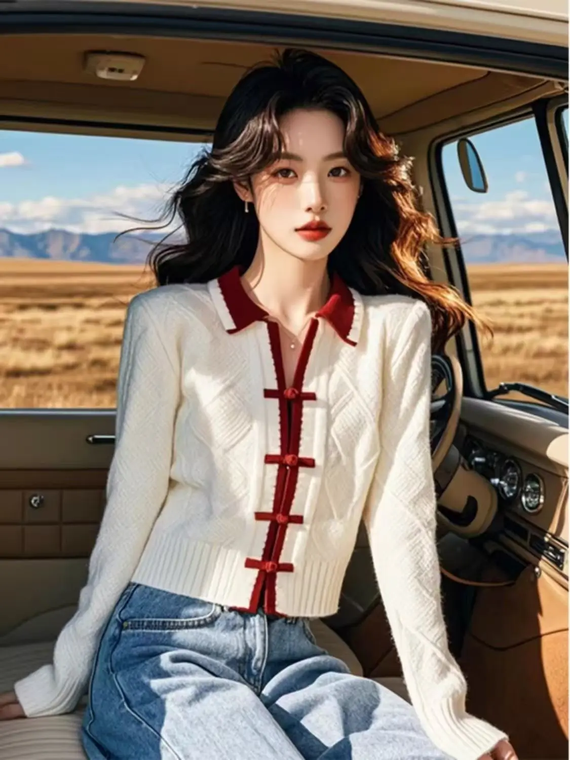 Estilo chinês retalhos camisola de malha cardigan feminino manga longa único breasted senhora do escritório casual camisola malhas 2025 novo