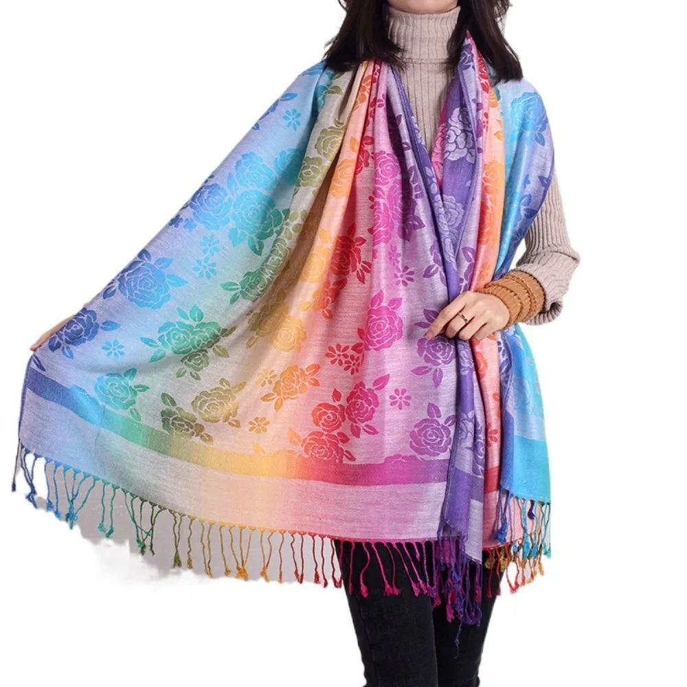 

Роскошная женская шаль в стиле ретро в этническом стиле с розовым принтом, градиентный шарф, мягкий красочный длинный шарф с бахромой для женщин