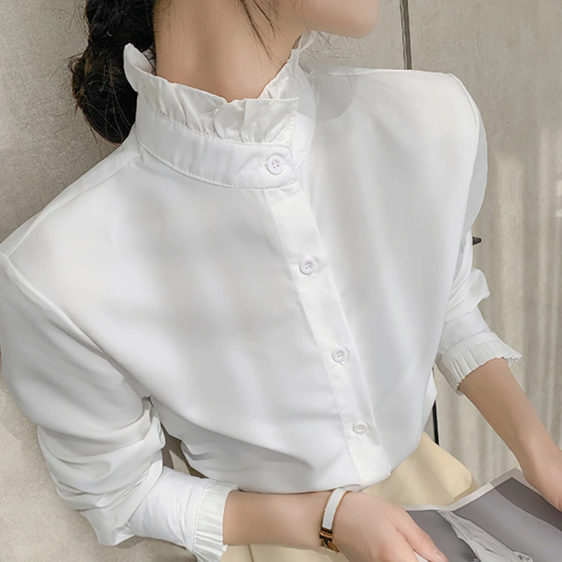 OCEANLOVE Women Shirts Stand Collar Solid Spring Autumn Office Lady Vintage Blouses Korean Style Ruffles Blusas Mujer Tops