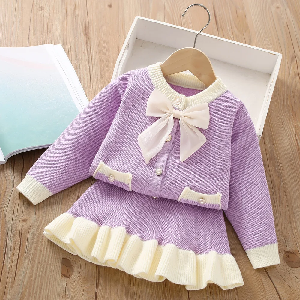 2024 Girls Autumn Dress Bow Korean Edition Children\'s Set Baby Foreigner Knitted Cardigan Two Piece Set 2-8 Year Old Top and Bot