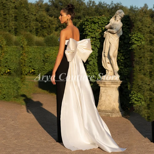 Imagen 2 del producto Vestido de noche clásico blanco y negro, parte superior de tubo en la espalda, lazo grande, abertura lateral Sexy y largo hasta el suelo, vestidos de fiesta personalizados para mujer