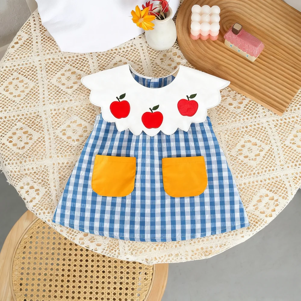 

Платье для маленьких девочек, летнее клетчатое платье без рукавов с фруктами для девочек, милое хлопковое детское платье, одежда для маленьких девочек