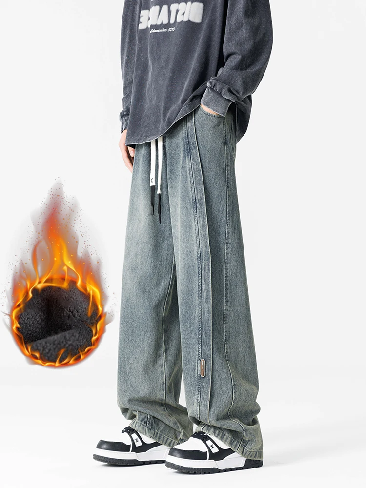 

Мужские зимние утепленные джинсы-карго, теплые джинсовые брюки из плотного флиса, широкие прямые мешковатые джинсы в стиле ретро, азиатский размер L-5XL