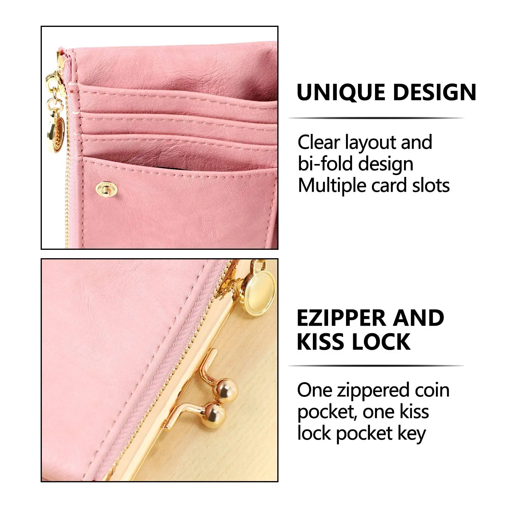 ABQR Women's Short Wallet Bifold Retro Multifunction Coin Purse with Zip and Kiss Lock Pink