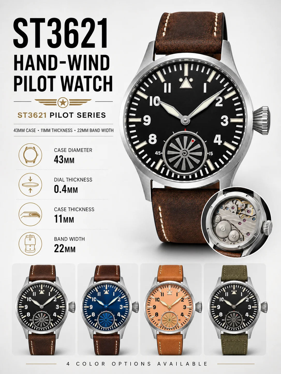 Mechanische Pilotenuhr mit individuellem Logo für Herren, ST3621 Handaufzug, 43mm, Saphirglas, Lederarmband, Zifferblatt, Schließe, Krone, personalisiert – Detail 1