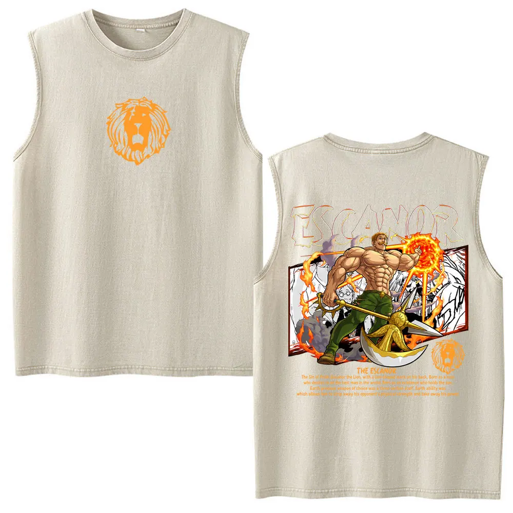 Anime Die Sieben Todsünden Escanor Vintage Washed Tanktops für Männer und Frauen, Lässige Baumwoll-Ärmellose Weste T-Shirt Streetwear – Detail 5