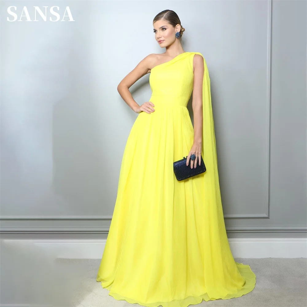 Sansa Elegante One Shoulder فساتين السهرة Lichtgele A-Lijn Prom Jurk Zijde Chiffon Cape Mouw Vestidos De Noche