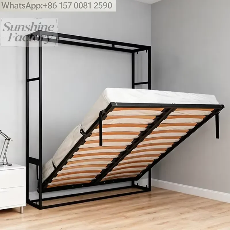 Adjustable Modern Queen or King Size Steel Frame Murphy Bed Hidden Folding Wall Spring Mechanism Panel Bed