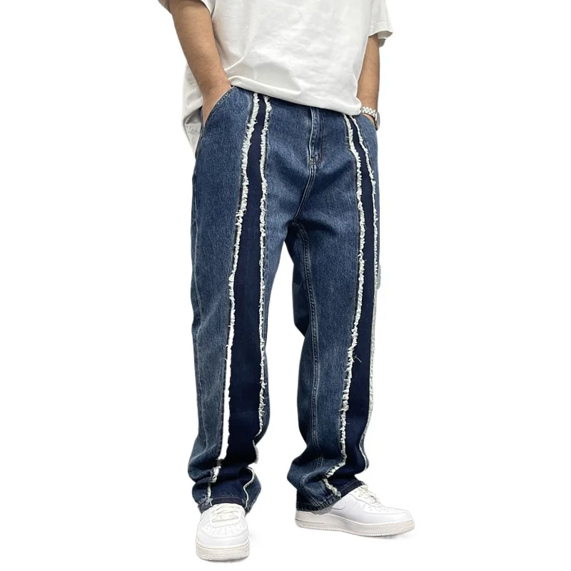 

Men Streetwear Fashion Vibe Loose Casual Denim Ripped Jeans Pants Cowboy Plus Size High Street Hip Hop Splice Jeans Trouser