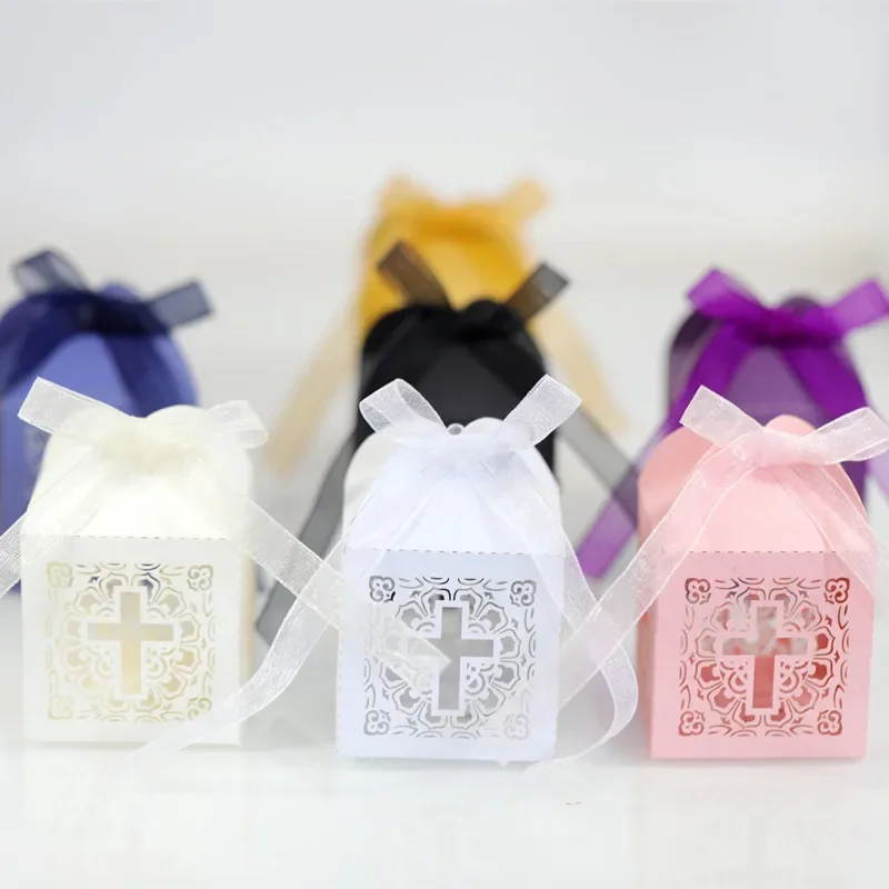 100/50/10pcs Laser Cut Cross Candy Box Packaging Favor Boxes for Birthday Baptism Christening Wedding Mariage Party Decoration