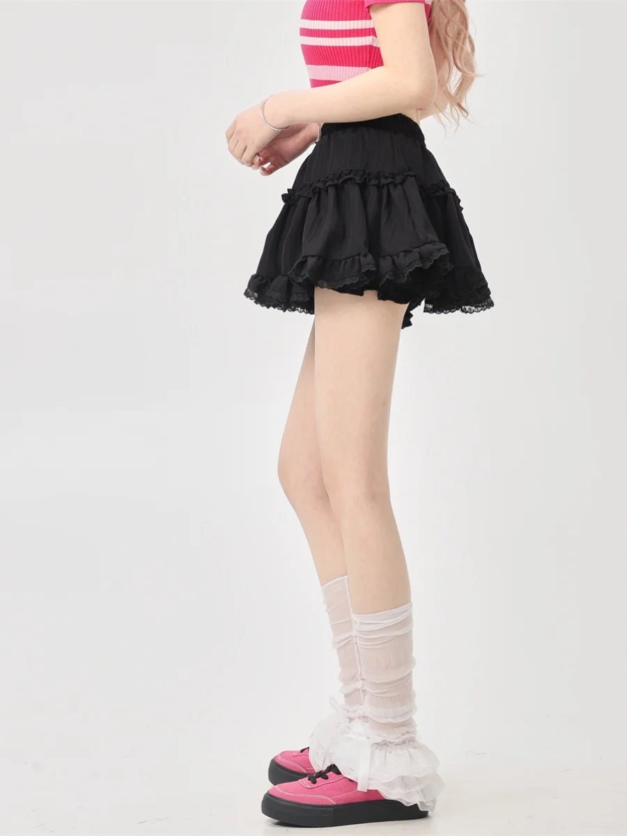 Korean Style Short Puffy Skirt High Waist Lace Splicing Women's A-Line  Skirt Slimming Bounce Commute Polyester Fiber