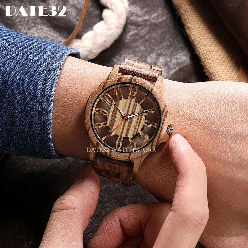 Natural Bamboo Wood Watch for Men Full-Wooden Hollow Case Band Watches Man Quartz Wristwatch Real Wooden Men Clock Male Reloj