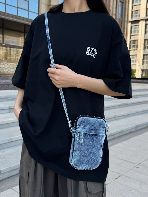 

Casual Denim Crossbody Bag ex Lightweight Waable Travel Mobile Phone Bag Spor Sle Zipper Closure Soft Polyester