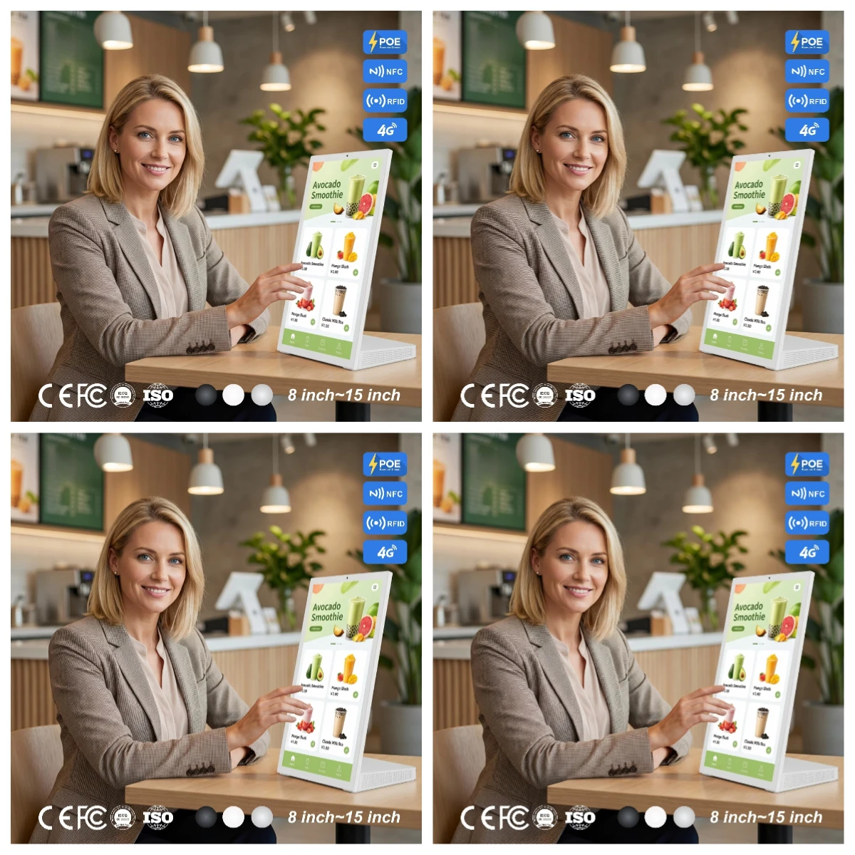 Juice Bar Desktop Self Service Kiosk 15.6 Inch L Shape Tablet Android 14 RK3576S 4GB 64GB NFC Reader PoE Powered