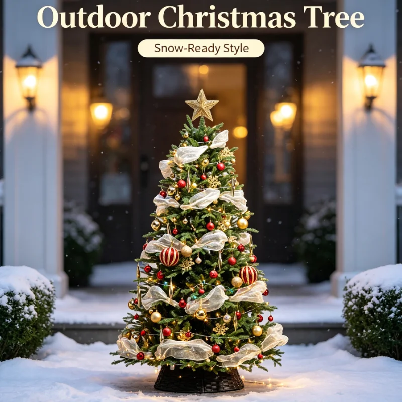 Christmas Tree With Red Gold Ornaments White Ribbon And Star Topper Holiday Decoration For Home Indoor Xmas Display