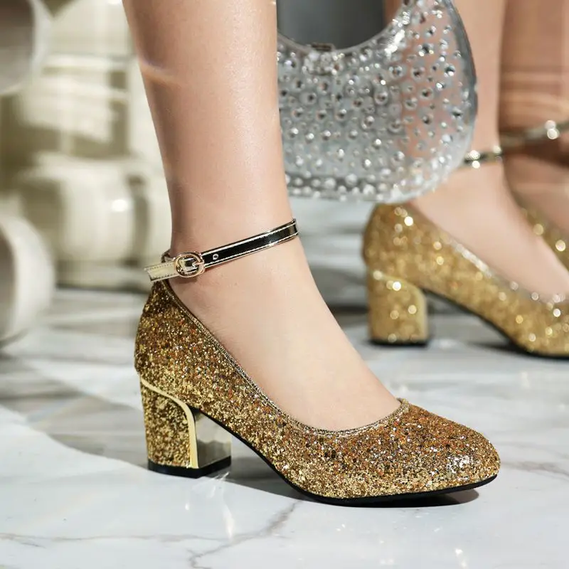 ASILETO Female Strap Pumps Wedding Shoes Sequin Glitter Rhinestone Buckle Chunky Heels Party Dress Silver 32 43 Chaussure