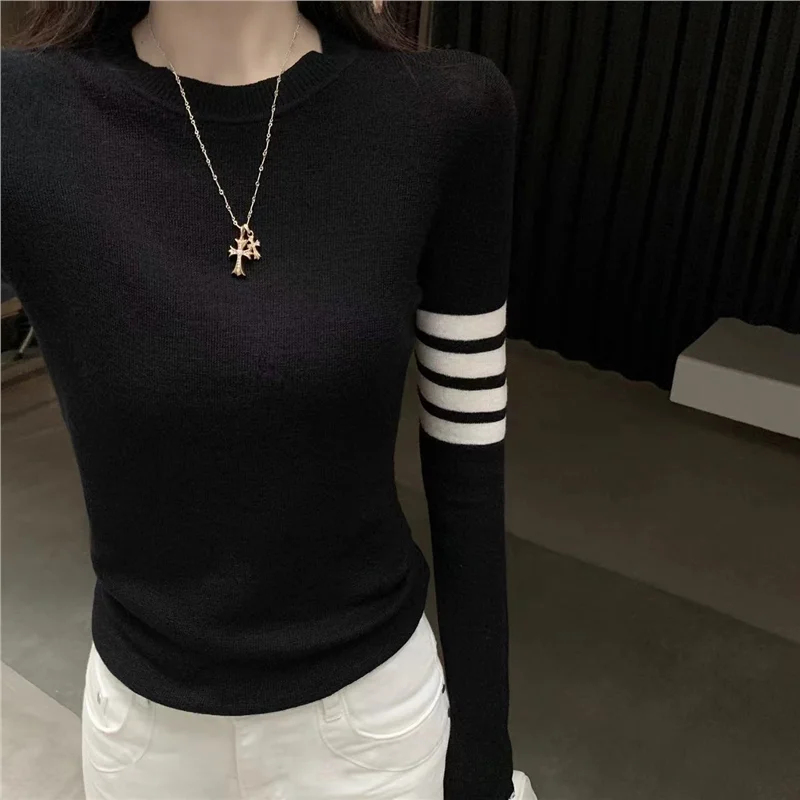 الكورية Sle ربيع الخريف رقيقة Faionable محبوك جولة Ne Long Sve المرأة الأعلى Ins Sle سليم صالح مزيج القطن طاقم N...