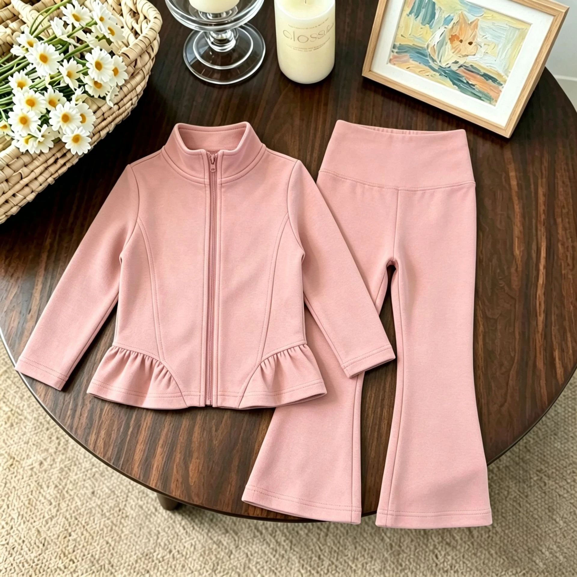 Girl Kids Autumn 2026 New Fashion Stand Collar Long Sleeve Coat and Elastic Waist Bell-bottoms Two Price Sets