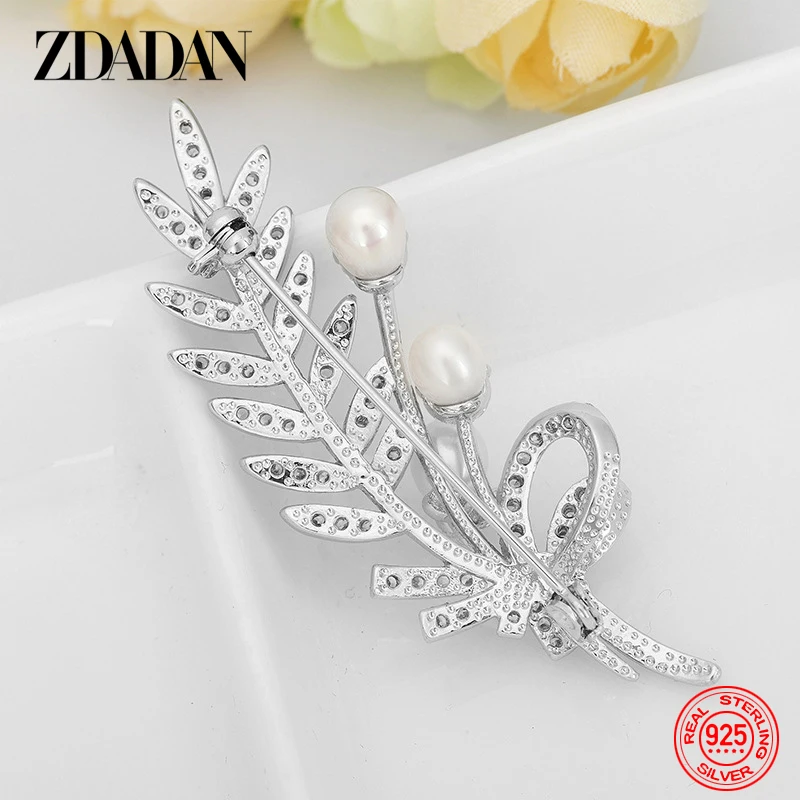 ZDADAN 925 Sterling Silver Leaf Crystal Brooch For Women Wedding Jewelry Accessories