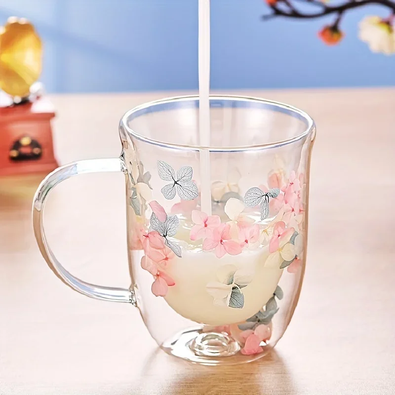 1pc 220ml 320ml Floral Glass Coffee Mug Double-Walled Tea Cup With Artificial Flower Handwash Only Glassware For Home And Office