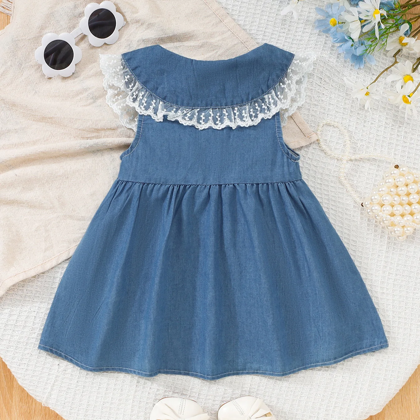 New Spring Girls Sweet Casual Denim Dress Lace Trim Lapel Sleeveless High Waist Dress For Kids for 6M-3Y
