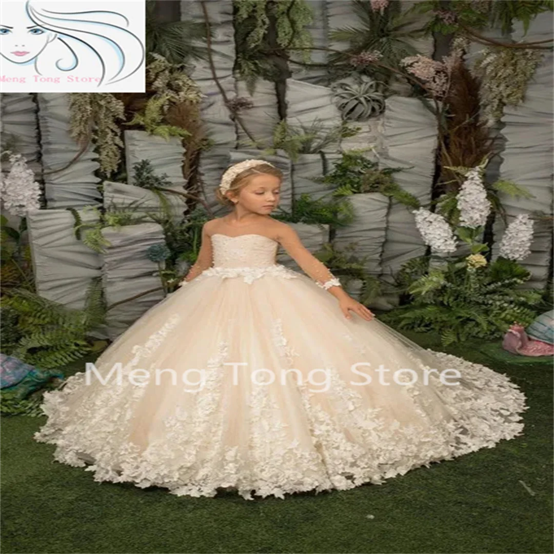 Elegance Flower Girl Dress Three Quartersleeve Appliqué Children Wedding Party Gowns New Kids Clothes Princess First Communion