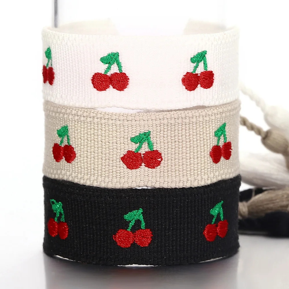 ALLYES Cherry Embroidery Hand Woven Wrist Bracelet for Women Boho Adjustable Stackable Cotton Fabric Knitted Tassel Bracelets