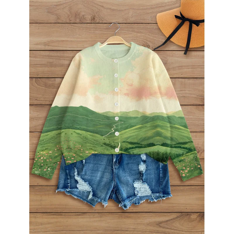 

Landscape Digital Print Women's Knit Cardigan Thick & Loose-Fit Crew Neck Long Sleeve Autumn/Winter Casual Style