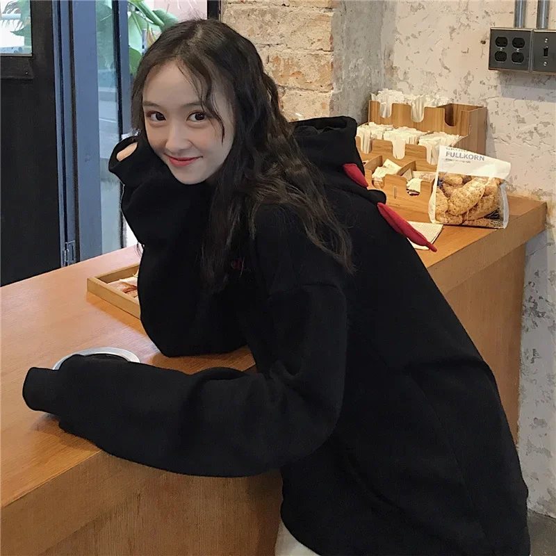 Women Cute Little Devil Hoodies New Chic Halloween Costume Solid Colors Hooded Sweatshirts Harajuku Loose Casual Sweatshirts