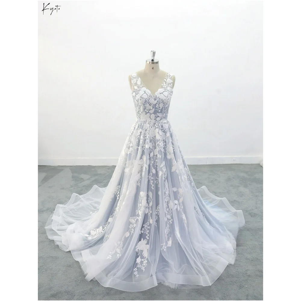 

Kyoto синее свадебное платье без рукавов с v-образным вырезом по индивидуальному заказу, кружевное вечернее платье с открытой спиной и шлейфом трапециевидной формы