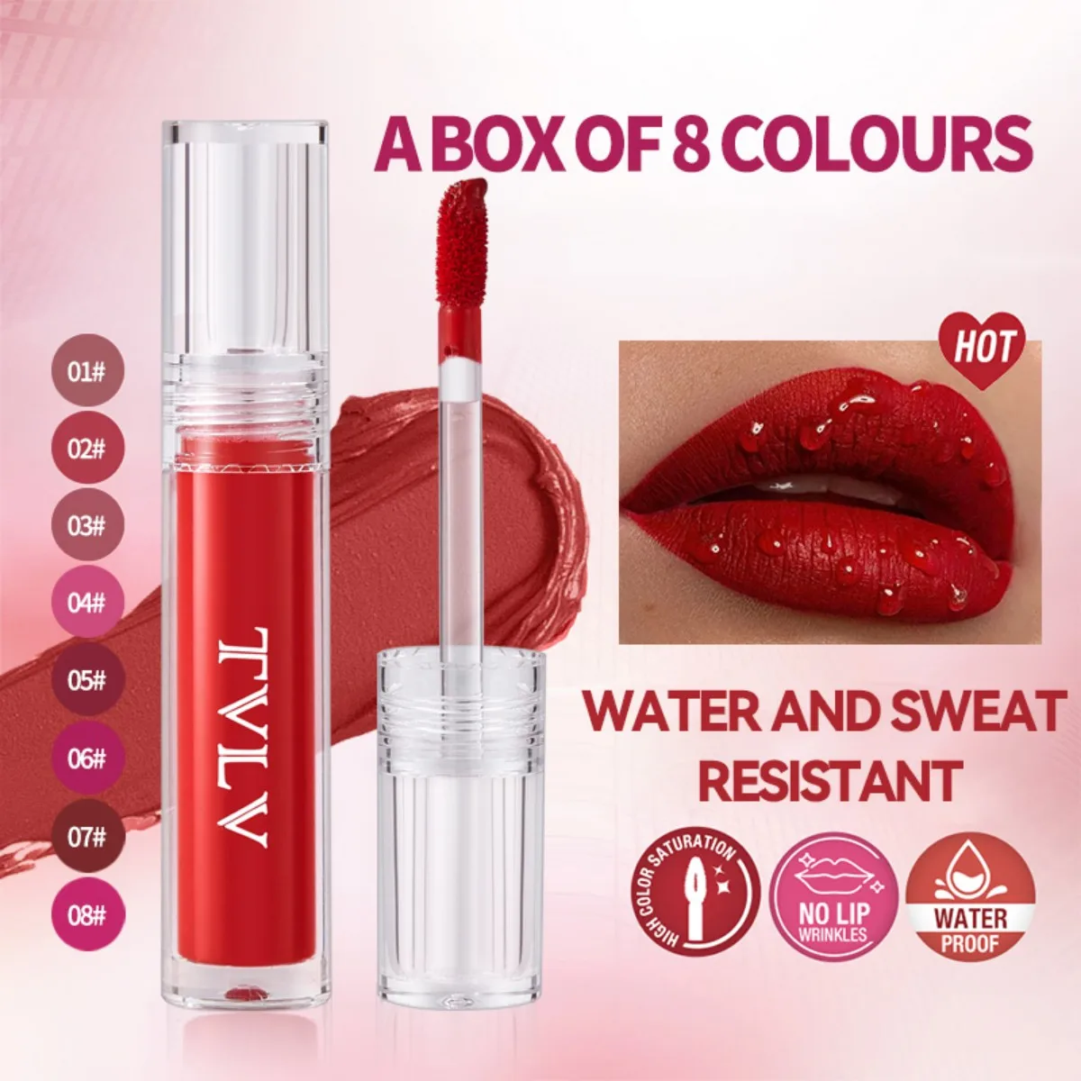 Conjunto de brilho labial de veludo fosco, 8 cores, à prova d'água, batom líquido, cor nua, cosméticos, brilho labial vermelho, beleza