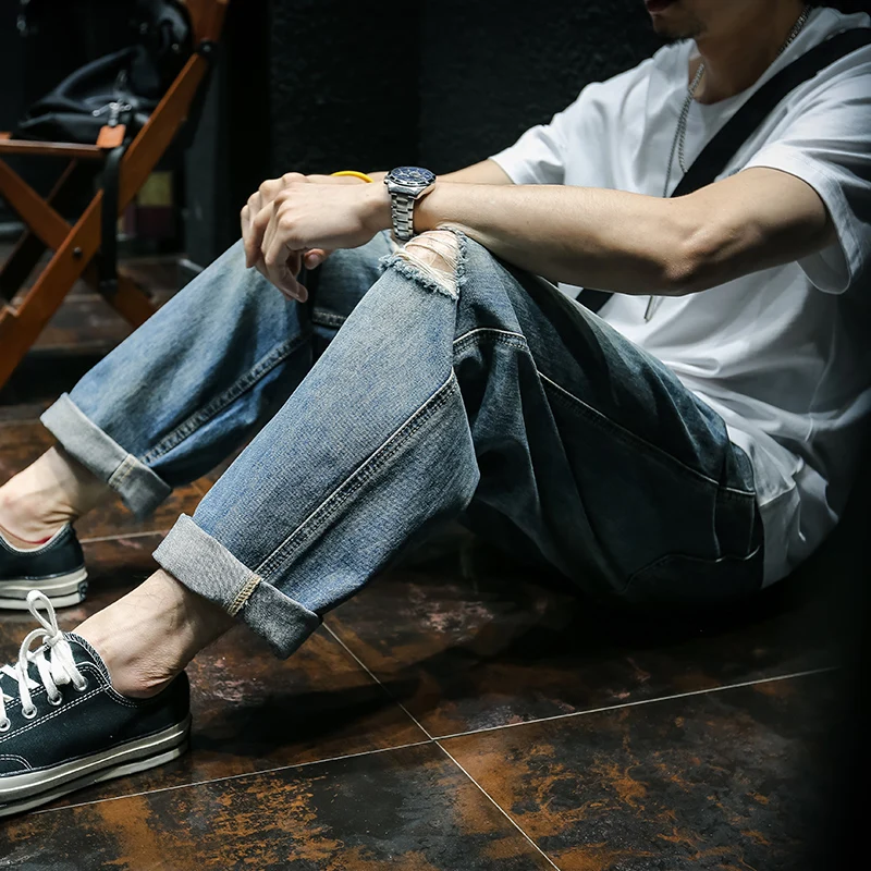 Fall 2026 Loose Fit Straight Leg Denim Jeans Men's Casual High Street Wide Leg Pants Tear Hole Style Comfortable Cotton Blend