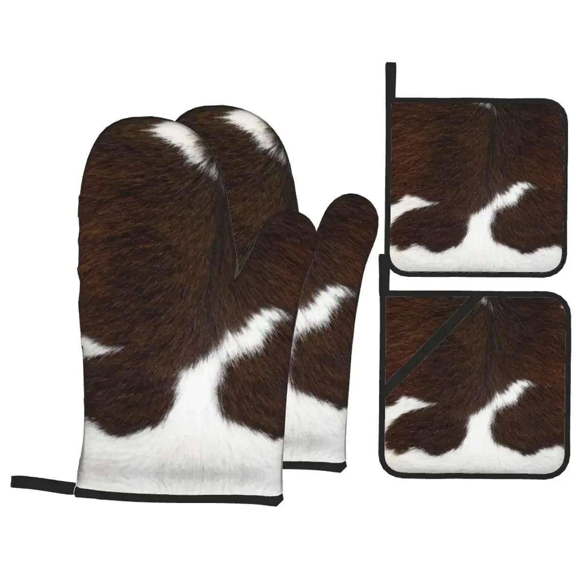 Cow Fur Cowhide Texture Oven Mitts and Pot Holders Sets of 4 High Heat Resistant Leather Baking Cooking Gloves for Kitchen BBQ