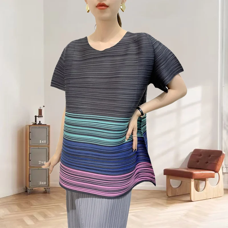

Плиссированная футболка Miyake, лето 2021, женские топы, складная футболка с цифровым принтом, пара сложенных рукавов, свободная плиссированная одежда, женская ниша
