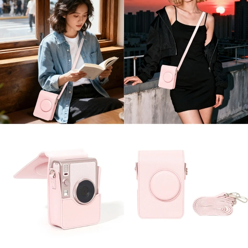 Rosa PU-Leder-Kameratasche für Fujifilm Instax Mini EVO Kamera, wasserdichte AntiShock-Aufbewahrungstasche mit verstellbarem Schultergurt
