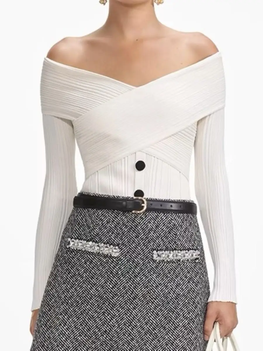 

Autumn Women's Knitted Sweater Single Breasted Long Sleeve Slash Neck Elegant Ladies Cardigan