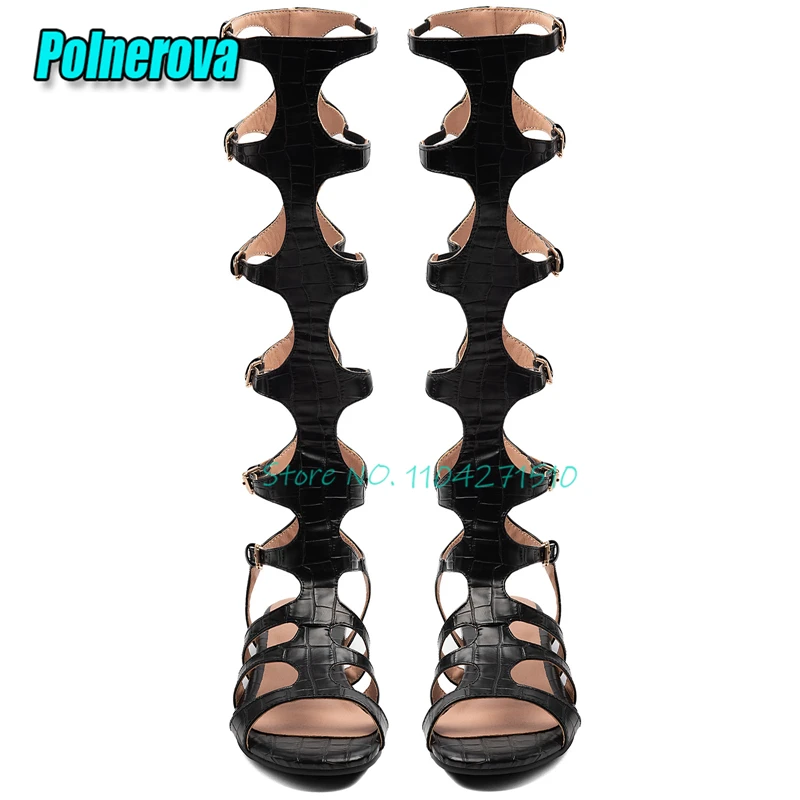 Women Black Crocodile Pattern Gladiator Sandals Belt Buckle Strap Hollow Knee High Boots Summer New Roman Style Party Flat Shoes