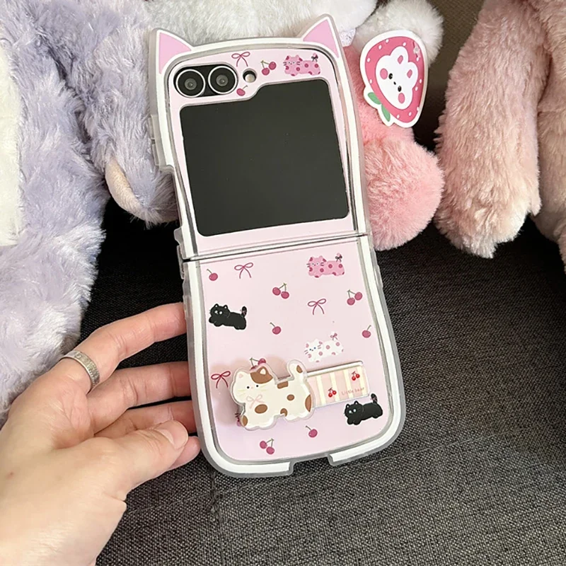 جراب هاتف وردي لطيف من القط الكرز ، غطاء خلفي واقي ، Samsung Galaxy Z Flip 6 ، 5 ، 4 ، 3 ، ZFlip4 ، ZFlip5 ، ZFlip6