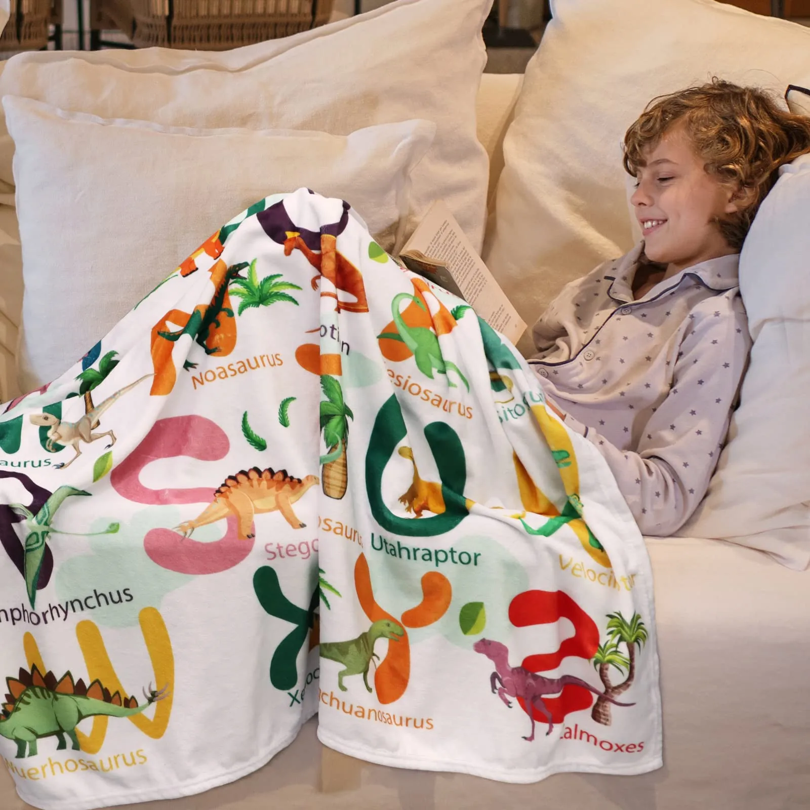 KACISSTY Dinosaur Throw Blankets Color Letter Animals Printed Kids Quilt Flannel Material Cozy Office Nap Fluffy Blanket