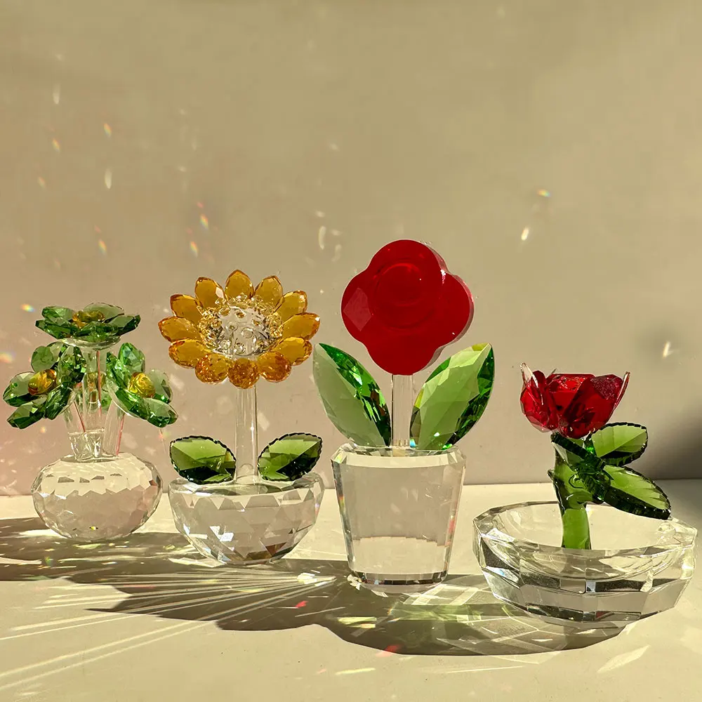 Highend Crystal Rose Flower Figurines Glass Flower Statue For Home Wedding Room Table Decor Girl Gift