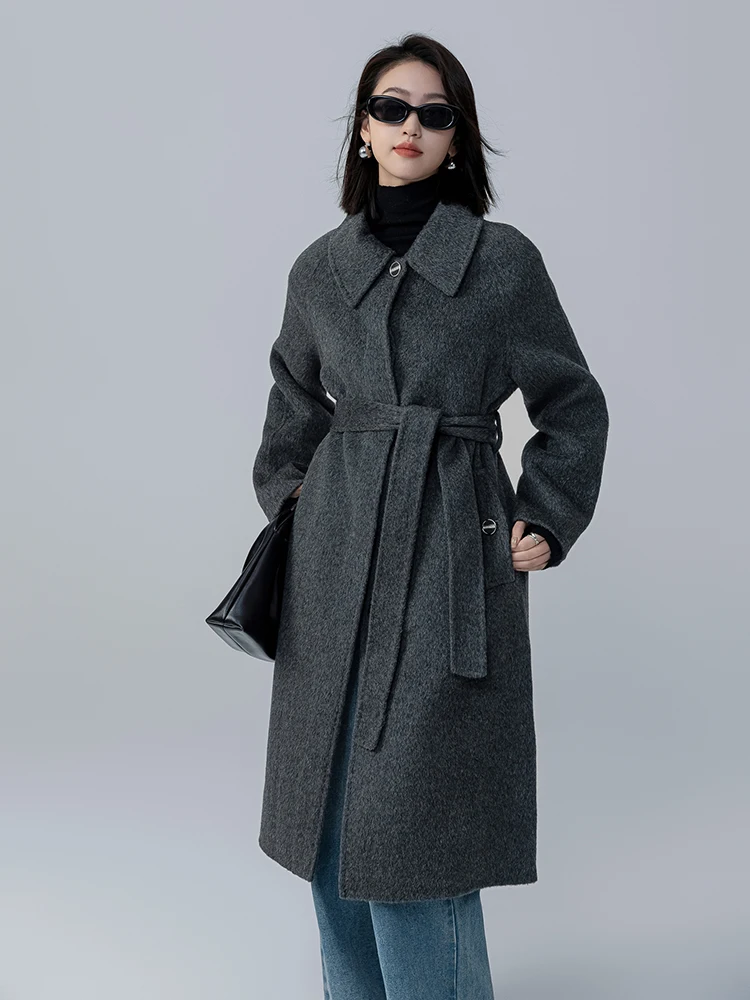 Women's 35% Camel Wool Lapel Long Coat Handmade Hidden Hook Loose Comfortable Outerwear Fashionable Woolen Clothing