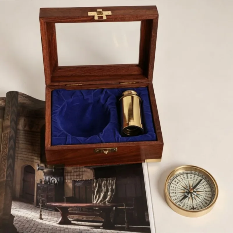 Vintage Brass Nautical Compass & Telescope Set Wooden Box Retro Maritime Decor Ornament Collectible Gift