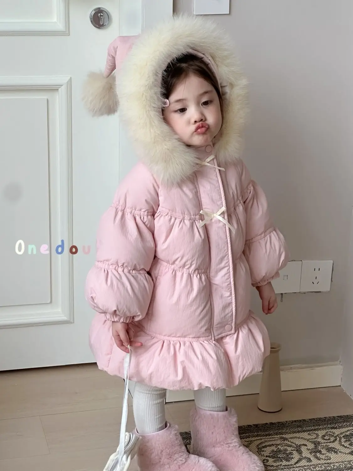 Kids Clothes Warm Warm Winter Thick Baby Girl Pink Cotton Sweet Hodded Outwear Bow Sweet Princess Snow Long Jacket Coat Jacket